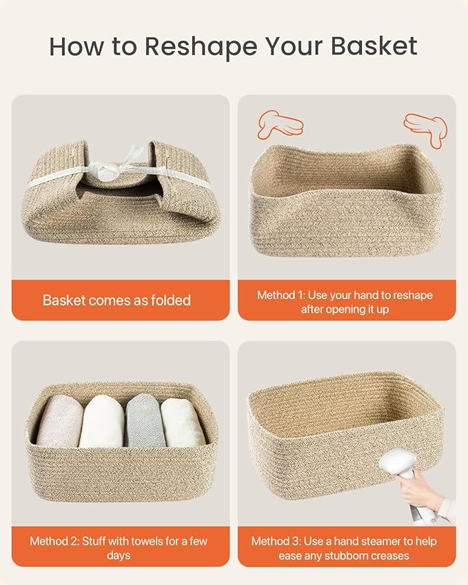 Small Woven Basket, 13.5 x 9.5 x 5 Inches, Storage Basket for Organizing, Cute Small Rope Shelf Closet Cube Storage Bins Baskets for Shelves, Dog Toy Gift Baskets Empty, 3 Packs, Mixed Brown