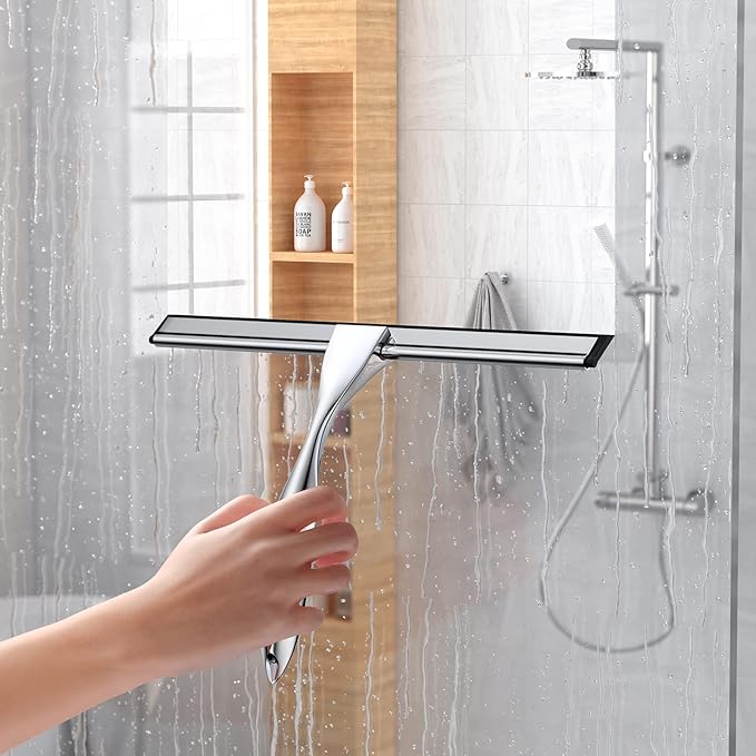 Shower Squeegee for Glass Door 12-Inch Stainless Steel Bathroom Squeegee Window Wiper, Includes Shower Door Hook, Adhesive Hook, and Spare Silicone Blade for Window Mirror Car All-Purpose Squeegee