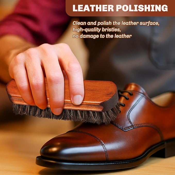 2 Pcs Horsehair Shine Shoes Brush Kit Polish Dauber Applicators Cleaning Leather Shoes Boots Care Brushes Suede Cleaner Brush(Brown Concaved Brush)