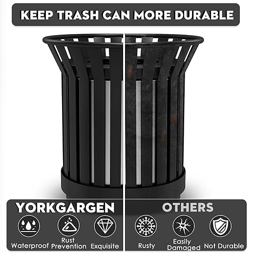8Gallon/30L Commercial Outdoor & Indoor Metal Trash Can, Outdoor Slatted Trash Receptacle with Metal Linner, All Weather Resistant Large Outside Zone Round Garbage Bin for Street, Park, School - Black