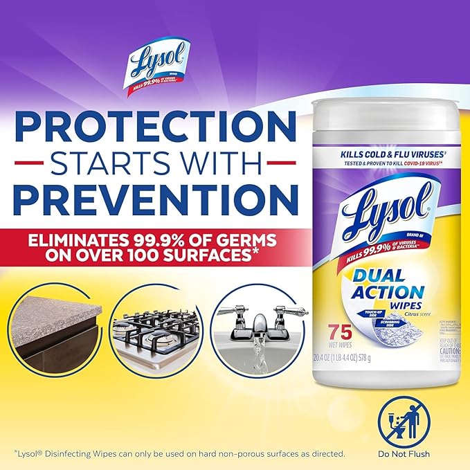Lysol Dual Action Disinfectant Wipes, Multi-Surface Antibacterial Scrubbing Wipes, Dorm Room Essentials, Citrus Scent, 75ct (Pack of 4), Packaging May Vary