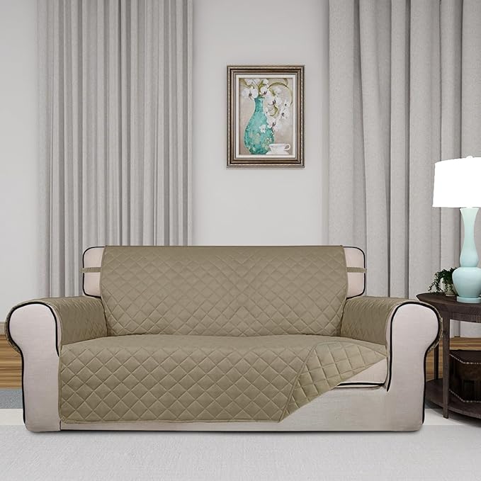PureFit Reversible Quilted Sofa Cover, Water Resistant Slipcover Furniture Protector, Washable Couch Cover with Non Slip and Elastic Straps for Kids, Dogs, Pets (Oversized Loveseat, Beige/Beige)