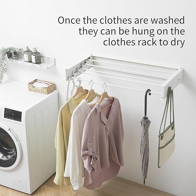 Clothes Drying Rack,Laundry Hanging Rack Collapsible,Wall Mounted Drying Rack for Laundry,Foldable Drying Rack Indoor Outdoor,31.5" Wide,5 Aluminum Rods with Hooks, 60 lb Capacity (White 31.5" Hooks)