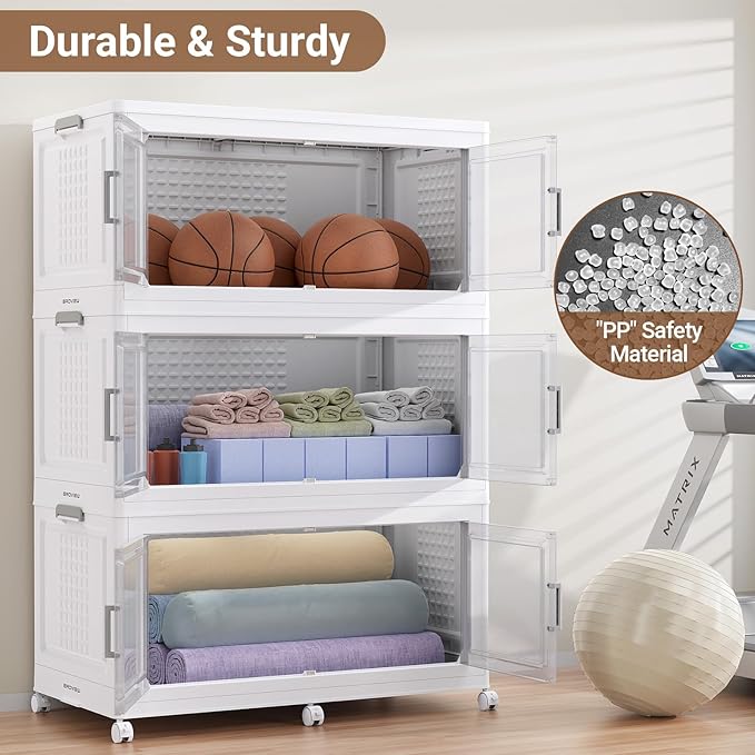 BROVIEW 52.7"H 150Gal Plastic Storage Bins with Lid & Wheels,3Pack Extra Large Stackable Storage Bins with Dividers,Closet Organizers and Storage Cabinet Collapsible Box Shelves for Home Kitchen,White