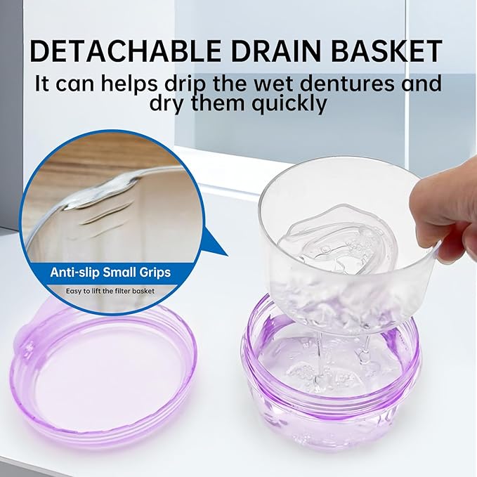 Leakproof Denture Case Purple Denture Soaking Cup False Teeth Container, Dental Denture Bath Holder Storage Box Retainer Cleaner Case for Traveling - Leak Proof and Lid Waterproof