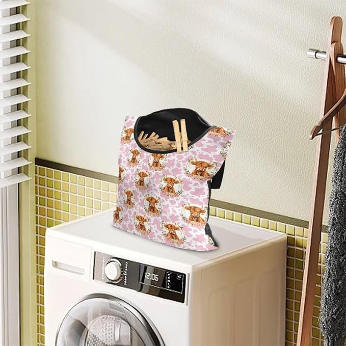 Cattle Clothespin Bags with Hanging Rope Pink Cow Print 14.5 x 12 Inch Summer Waterproof Laundry Clothes Pin Holder Clothespin Storage Organizer with Large Opening