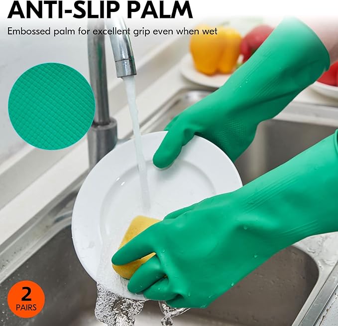 Vgo... 2-Pairs Reusable Household Gloves, Rubber Dishwashing gloves, Extra Thickness, Long Sleeves, Kitchen Cleaning, Working, Painting, Gardening, Pet Care (Size L, Green, HH4601)