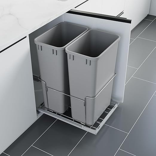 Dowell B18 Aluminum Base Wastebasket Pullout with Door Mount and Two 35Qt/9Gal Plastic Bins (4012 0218+35x2)