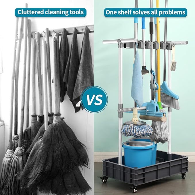 Broom And Mop Holder Put Wet Mops Movable Floor-Mounted Mop Rack Floor Standing Cleaning Tool Cart Storage For Garden Garage Schools, Hospitals, Factories, Hotels,Property Companies (12racks)