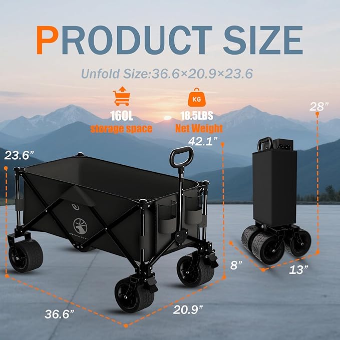 Collapsible Wagon Cart with Silent All-Terrain Wheels, Foldable Heavy Duty Beach Wagon with 330LB,Folding Cart with Cup Holders and Brakes for Camping, Garden,Shopping,Sports Black