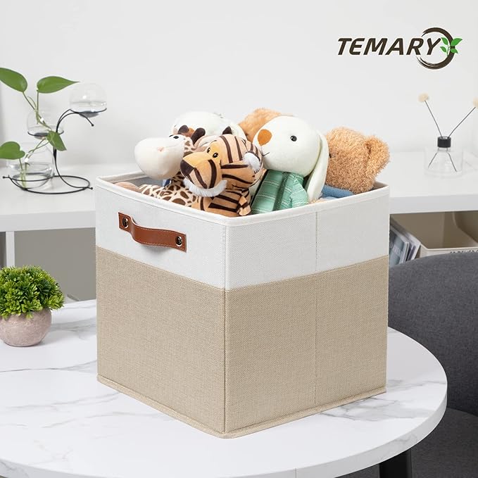 Temary Fabric Storage Cubes - 12 Inch Collapsible Bins (4Pack) - Empty Gift Baskets for Organizing Shelves, Closets, Nursery (White & Khaki)