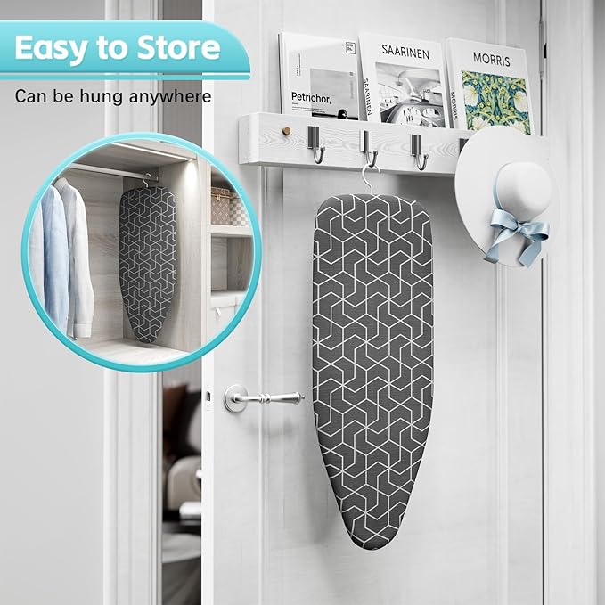 Small ironing board tabletop with heat resistant cover, Compact mini ironing board with metal mesh frame, For dorms, aprtment and travel, Hook for hanging, Iron board 30x12, Iron table stand dark gray