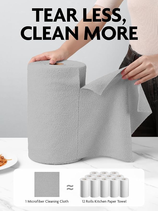 Fantasticlean Microfiber Cleaning Cloth Roll -75 Pack, Tear Away Microfiber Towels, 12" x 12", Reusable, Washable, Scratch Free, Ultra Absorbent Dish Rags for Car, Home, Garage or Shop (Grey)
