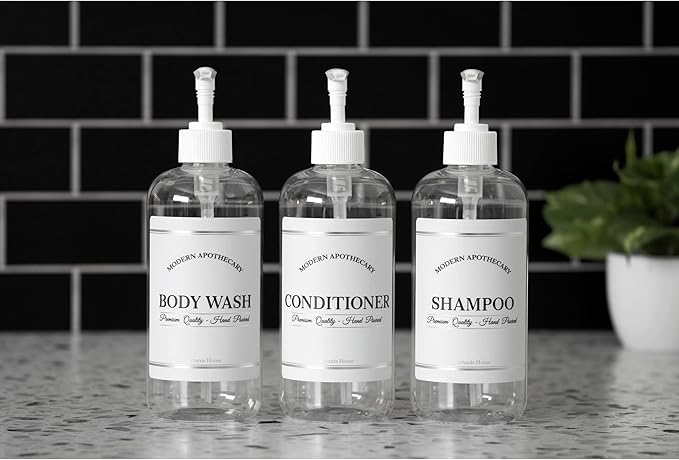 Clear Refillable Shampoo and Conditioner Bottles - Body Wash, Shampoo and Conditioner Dispenser - PET Plastic Shampoo Bottles Refillable with Pump - Waterproof Labels - 16 oz, 3 Pack (White Plastic)