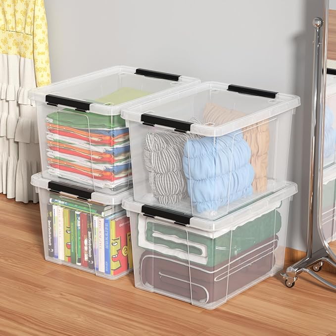 Set of 4 50 L Stackable Plastic Storage Container with Latching Lids and Wheels, Clear Home Garage Organization Bins Box, See-Through