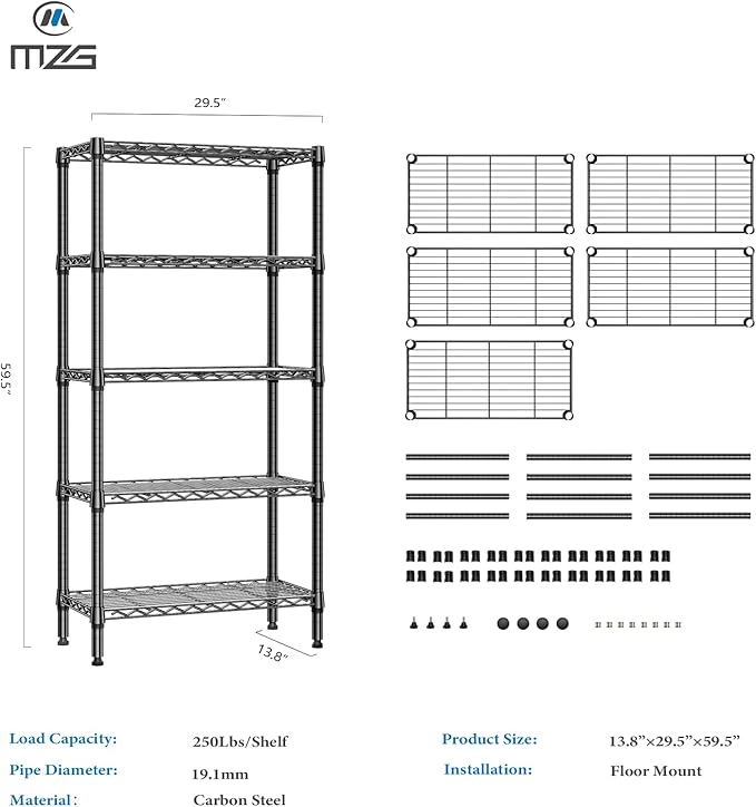 1250 lbs 5 Tier Shelf Metal Storage Shelves Shelving Wire Rack Heavy Duty Closet Organizers for Garage Kitchen Bathroom Laundry Black 13.8" D x 29.5" W x 59.5" H