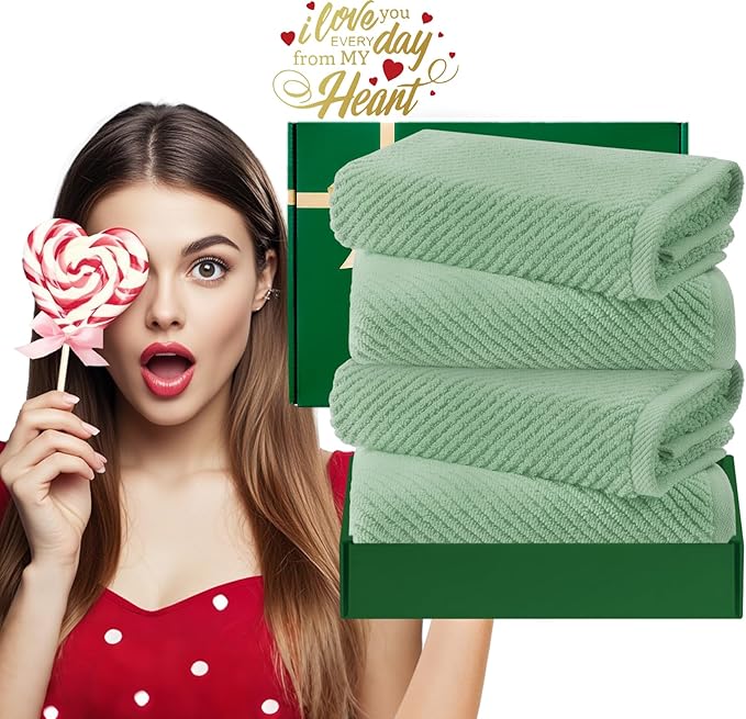 VOOVA & MOVAS Hand Towels for Bathroom Set of 4, Large 18" x 28", 100% Cotton | Lightweight | Thick | Quick Dry | Soft | Absorbent, Sage Green Hand Towels, Bathroom Essentials