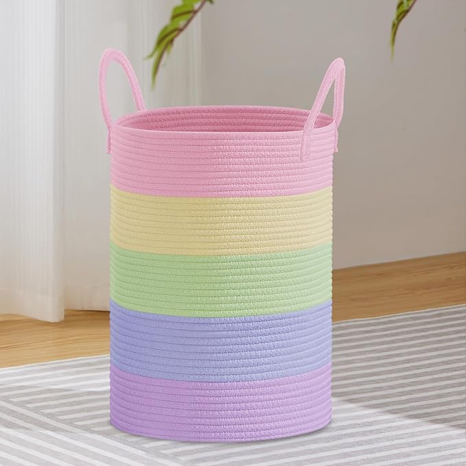 VIPOSCO Large Laundry Hamper, Tall Woven Rope Storage Basket for Blanket, Toys, Dirty Clothes in Living Room, Bathroom, Bedroom - 72L Rainbow