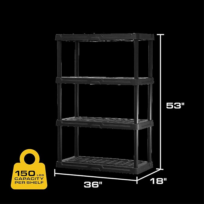 CX 4-Tier (53”H x 36”W x 18”D) Plastic Storage Shelving Unit (Black) 2 Pack, Heavy Duty, 150lbs Per Shelf Capacity, Indoor/Outdoor Storage Organization in Home, Garage, Office, Easy Assembly