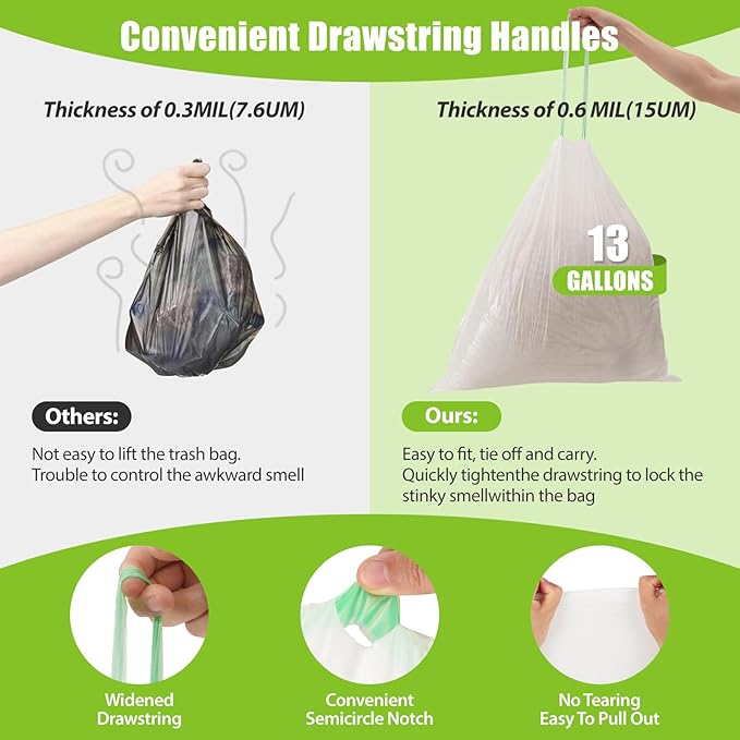 Large Trash Bags 13 Gallon Tall Drawstring 100% Post-Consumer Recycled Garbage Bag Waste Bag for Kitchen Office 0.6 Mil (300 Count)