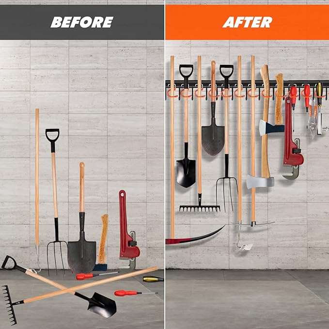 17'' All Metal Garden Tool Organizer Adjustable Garage Tool Organizer Wall Mount Garage Organizers and Storage with Heavy Duty Hooks Tool Hangers for Garage Wall, Shed, Garden