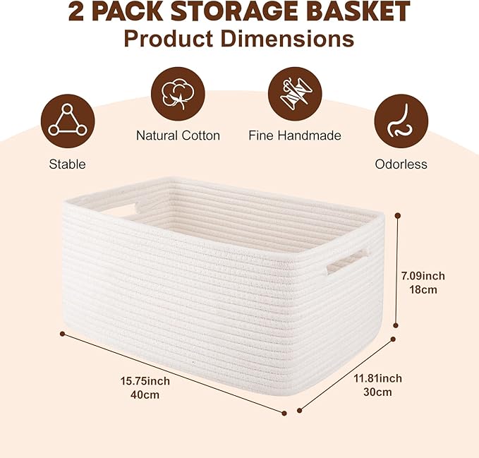 OIAHOMY Storage Basket for Shelves, Closet Cube Storage Bins Baskets for Clothes Blanket Towels, Baby Nursery, Toy Baskets Box, Woven Rope Basket, 15.75*11.81*7.09 IN, 2 Packs White