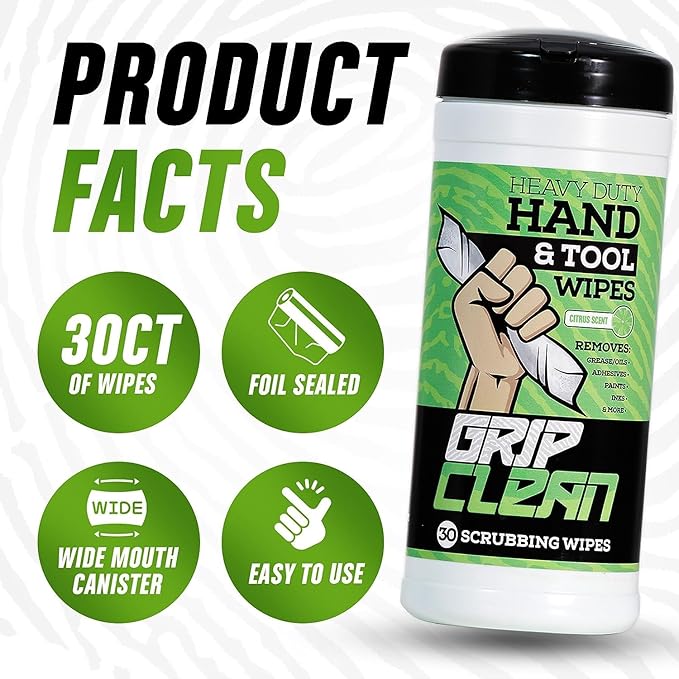 Grip Clean Heavy Duty Hand & Tool Cleaning Wipes – Waterless Hand Cleaner for Mechanics, Garage & Shop Use – Dual-Sided Grease, Oil & Paint Remover Wipes with Citrus Scent - 72ct (6 Pack)