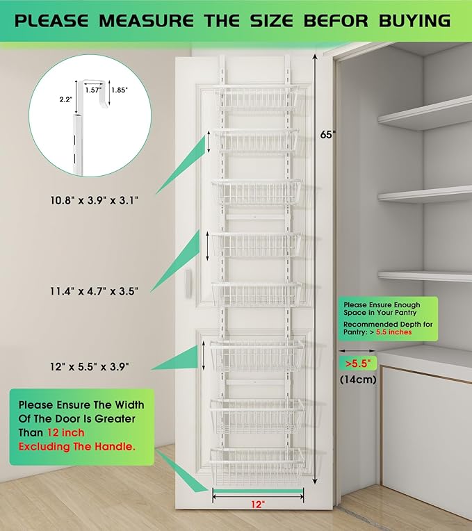 White 12 Inch Wide Narrow Over The Door Pantry Organizer, Pantry Organization and Storage, 8-Tier Metal Hanging Deep Basket Wall Spice Rack Seasoning Shelves, Home & Kitchen Essentials