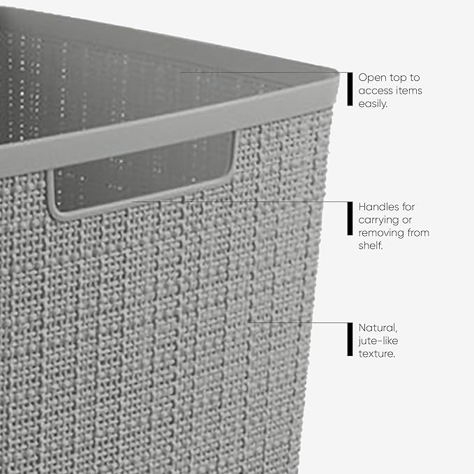 Curver Jute Decorative Plastic Organization and Storage Basket Perfect Bins for Home Office, Closet Shelves, Kitchen Pantry and All Bedroom Essentials, Small, Grey, Set of 8