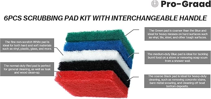 6pcs Scrubbing Pad Kit Interchangeable Reusable Handle | 5 Different Scrubbing & Scouring Pads: Red, White, Blue, Green, Black | for Bathroom, Kitchen, Grill, Teak, Boat Hull Bottom Cleaning