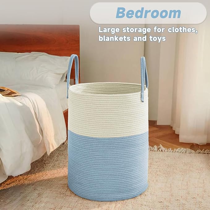 Large Woven Laundry Basket Hamper,60L Cotton Rope Storage Bin for Blankets,Toys and Clothes,Decorative Tall Nursery Hamper for Living Room,Baby Nursery,Bathroom and Bedroom,White and Blue