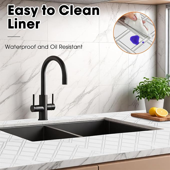 Drawer and Shelf Liner for Kitchen Cabinets Non-Adhesive Cabinet Liners for Shelves Strong Grip Non Slip Waterproof Cupboard Liner for Dresser Refrigerator, Bathroom,Silver Geometric,17.5IN X 10FT