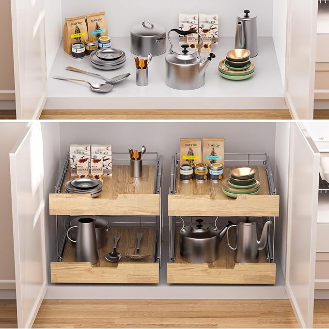 Pull Out Cabinet Organizer,Heavy-Duty Slide Out Shelf, Wood and Wire Basket, Pull Out Drawer for for Kitchen Under Sink Space, Pantry, Bathroom, 2 Tie 11 * 21 in
