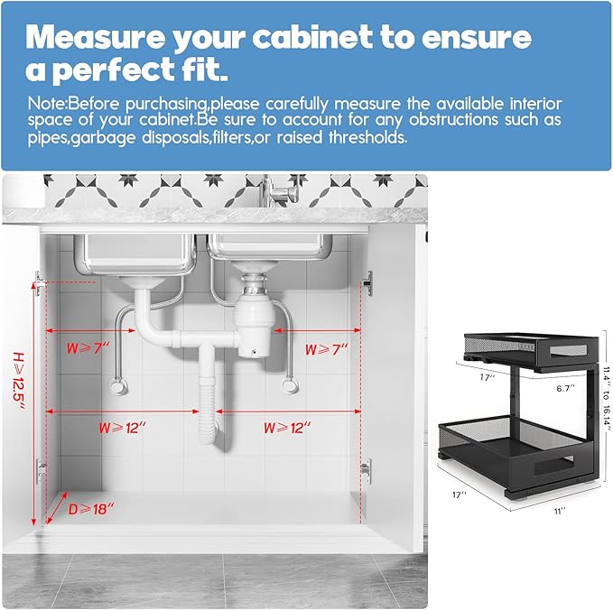 2 Pack 17IN Depth Under Sink Storage Organizer, Large 2-Tier Elegant Mesh Pull Out Shelf for Kitchen and Bathroom Cabinet Organization, L-Shaped and Adjustable Height Design-Black