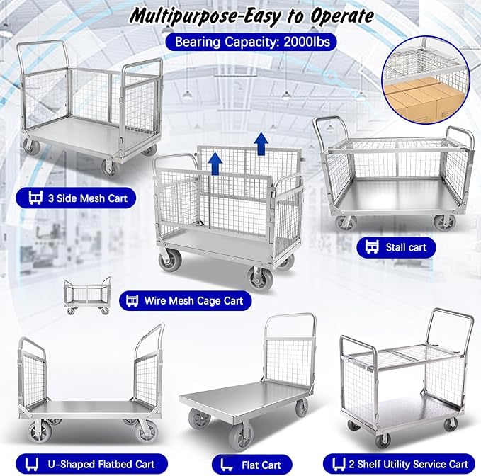 Platform Truck with Cage, 6 in1 Foldable Heavy Duty Steel Flatbed Cart, Large Utility Cart w/Industrail Solid Casters, Load 2000LBS Multi-Purpose Push Dolly for Grocery/Laundry/Stall/Warehouse