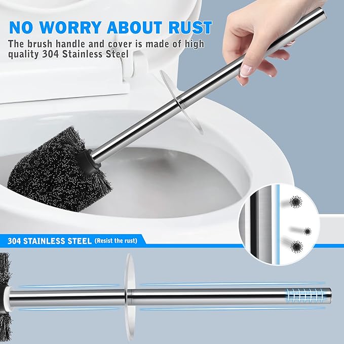 Toilet Brush and Holder, 2 Pack Toilet Brush with 304 Stainless Steel Long Handle, Toilet Bowl Brush for Bathroom Toilet-Ergonomic, Elegant,Durable (Black)