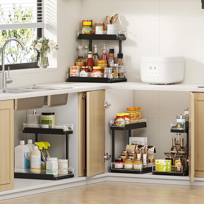 heart & home 1-Pack Under Sink Storage Organizer for Kitchen & Bathroom Cabinets with Removable Washable Tray, Tool-Free Assembly – Multi-Purpose for Kitchen Countertop, Vanity, & Laundry Room，Black