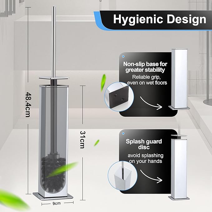 BVL Toilet Brush and Holder Set Chrome Stainless Steel 304 Square Freestanding Toilet Brush for Bathroom
