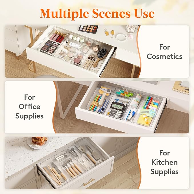 Lifewit 12 Pcs Large Bathroom Drawer Organizers, 3 Sizes Clear Plastic Storage Organizer Trays for Make Up, Kitchen Utensils, Vanity Accessories in Bathroom/Office/Dresser Organization