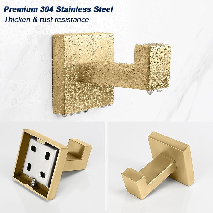 NearMoon Bath Towel Hooks -SUS304 Stainless Steel Square Clothes Robe Hooks Hanger, Heavy Duty Coat Hooks for Bathroom Livingroom Hotel Kitchen Garage, Wall Mounted (3 Pack, Chrome Gold)