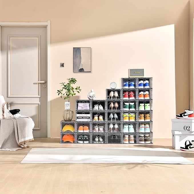 10 Pack Shoe Boxes Stackable,Upgraded Sturdy Storage Boxes with Clear Magnetic Door,Multifunctional Sneaker Organizer Fit up to US Size 12 (13.8”x 9.84”x 7.1”)