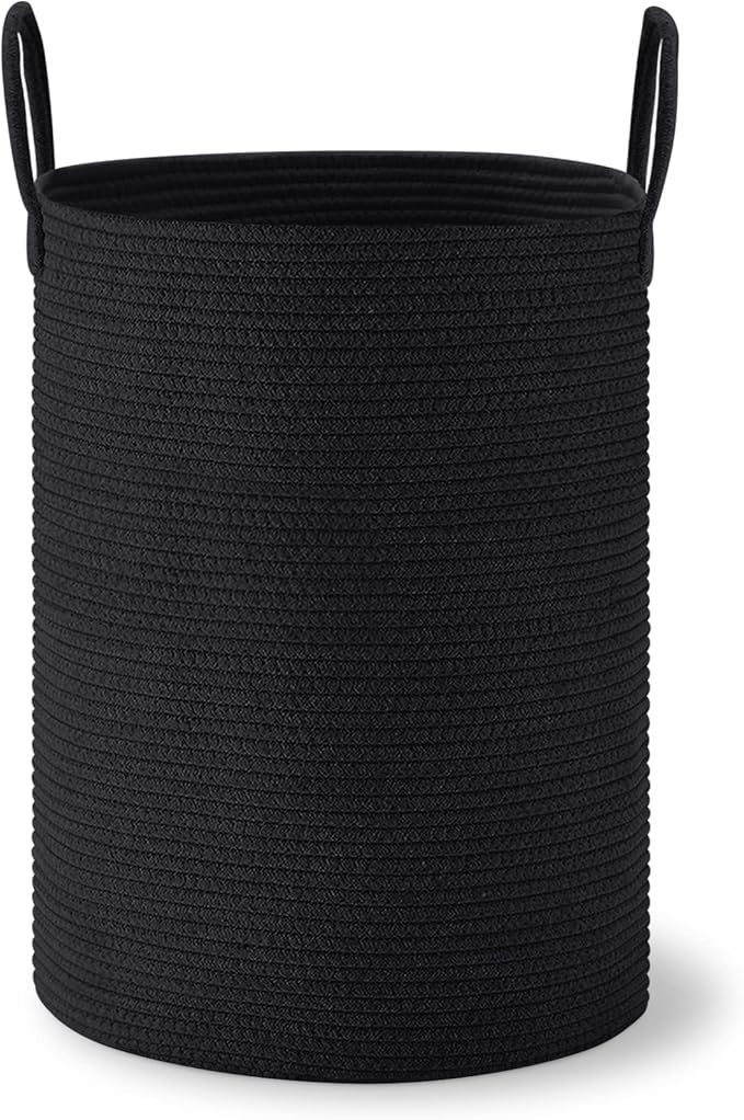 VIPOSCO Large Laundry Hamper, Tall Woven Rope Storage Basket for Blanket, Toys, Dirty Clothes in Living Room, Bathroom, Bedroom - 58L Black