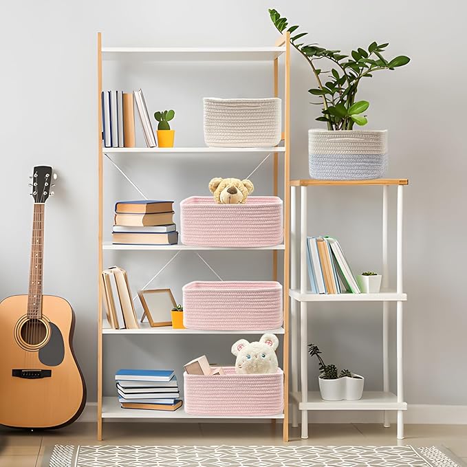 COMFY-HOMI 13" x 8.5" x 5.1"Storage Baskets for Organizing | Cotton Rope Woven Basket | Toy Storage Bin Box | Basket for Shelves, Closet Organizer Bin, Decorative Closet Shelf, 3 Pack, All pink