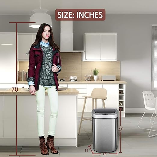 HCB Trash Can Automatic Waste Bin Mute Metal Garbage Can with Lid Stainless Steel 13 Gallon 50 Liter for Kitchen | Office | Bedroom | Bathroom | Living Room, 11” x 16” x 23”