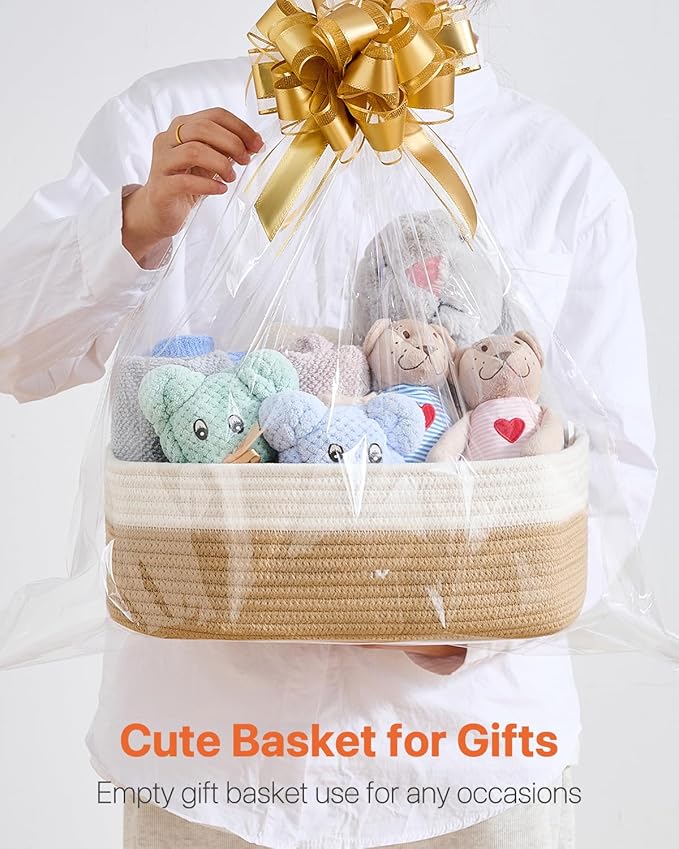 Small Woven Basket, 13.5 x 9.5 x 5 Inches, Storage Basket for Organizing, Cute Small Rope Shelf Closet Cube Storage Bins Baskets for Shelves, Dog Toy Gift Baskets Empty, 3 Pack White & Brown