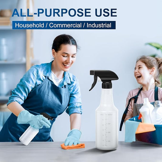 Veco Spray Bottle (2 Pack 16 Oz Black&Folded funnels) with Measurements and Adjustable Nozzle,HDPE Plastic Spray Bottles for Cleaning Solution,Household/Commercial/Industrial Use,No Leak and Clog