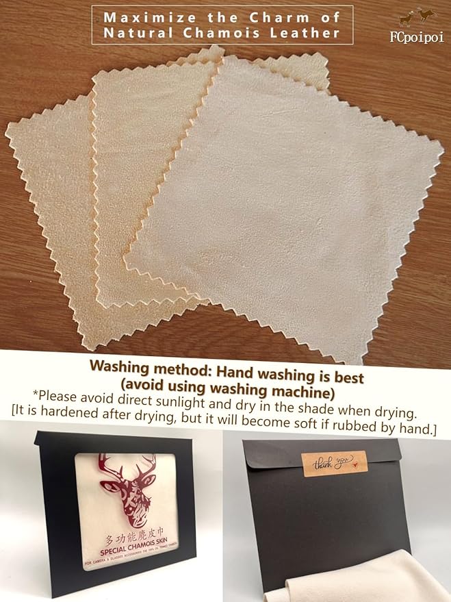 Eyeglass Cleaning Cloth Natural Chamois Leather Camera Lens Cleaning Cloths，Premium Cloth，Safe and Effective Cleans Lenses, Glasses, Screens, Cameras- Scratch-Free, Reusable & Soft (Large-12”x12”)