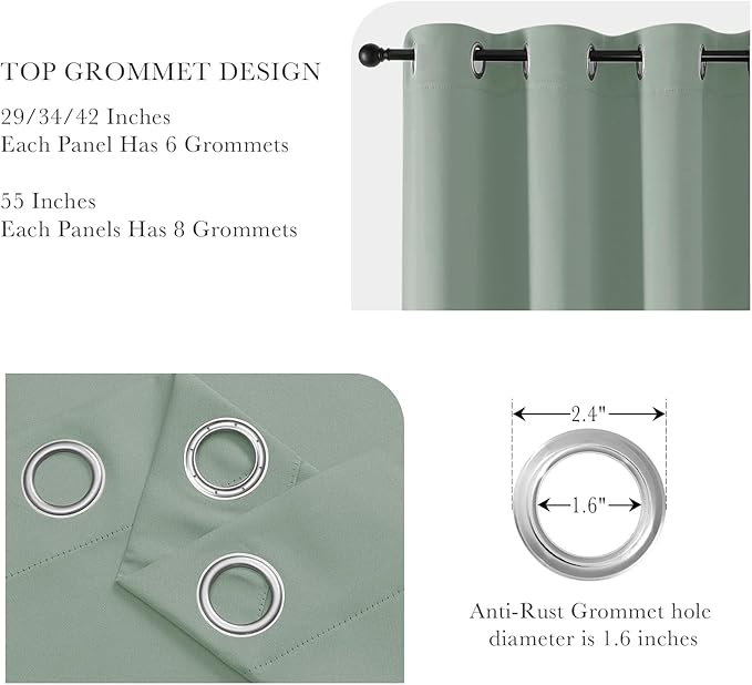 PONY DANCE Sage Green Short Blackout Curtains for Kitchen 45 Inch Length, Thermal Insulated Grommet Curtains for Bedroom, Black Out Drapes for Bathroom Small Window (2 Panels Set, 34 inches Wide)