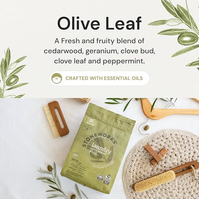 Grab Green Stoneworks Laundry Detergent Pods and Dryer Sheet Bundle, 50 Count Pods and 80 Dryer Sheets, Olive Leaf Scent, Plant and Mineral Based Laundry Care Set