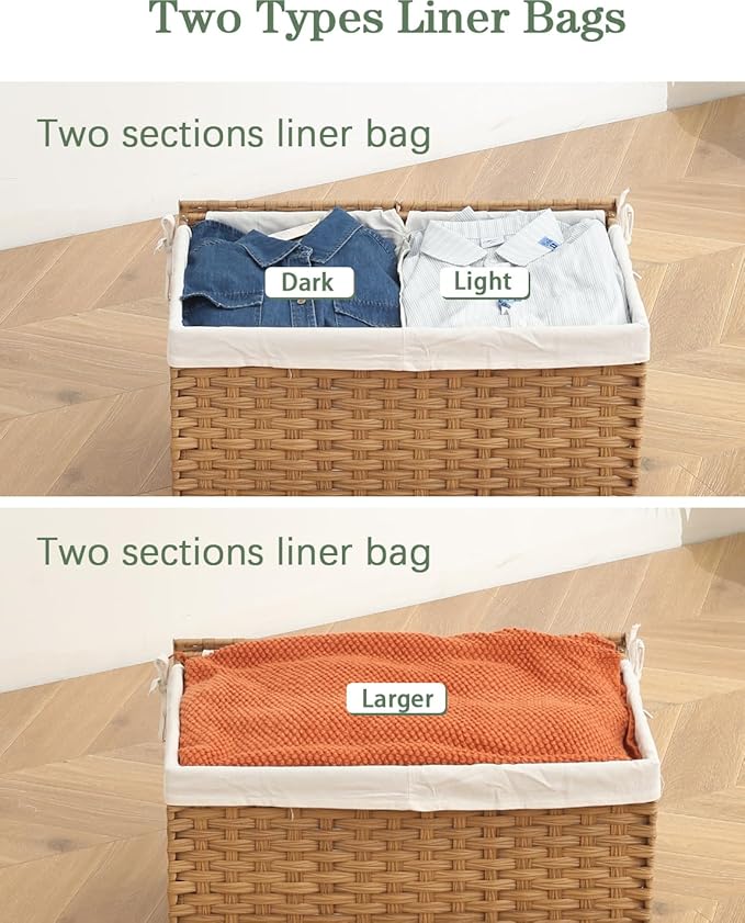 Storage Basket with Lid Wicker Baskets for Storage with 2 Separate Lid 42.3 Gallon (160 L) 29.9 x 17.3 x 18.1 Inches Rattan Woven Large Wicker Basket with 2 Liners for Bedroom Laundry Natural